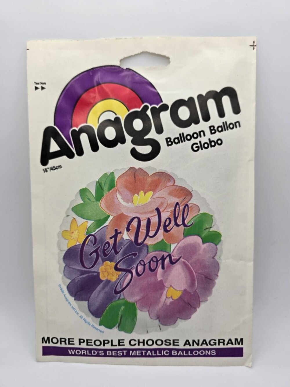 Anagram Vintage "Get Well Soon" Metallic Helium Balloon 1990s Floral Print.